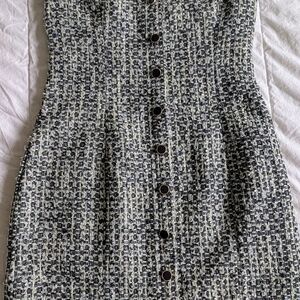 BRAND NEW Elegant B&W Flattering Tweed Dress With Tags, Pops Of Blue